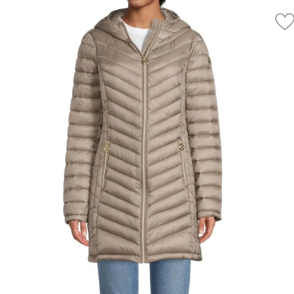 MICHAEL Michael Kors Packable Longline Hooded Puffer Jacket Size Medium Khaki - Picture 1 of 13